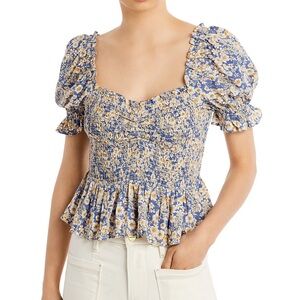 Bloomingdale’s Aqua Rowena Floral Smocked Peasant Top Puff Sleeve Size Small